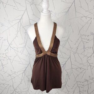 Seduction Brown Metallic Gold Woven Halter Y2K Babydoll Tank